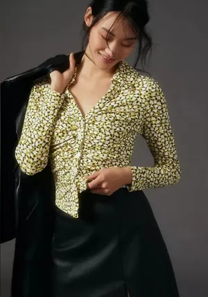 ANTHROPOLOGIE MAEVE Ruched Long Sleeve Button Front Top size XXS thumbnail 1