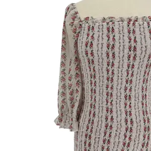 Aura‎ Floral Smocked Mini Dress Large Cream Red Square Neck Boho Cottagecore thumbnail 5