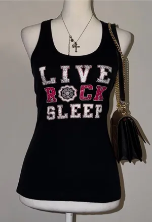 2000s vintage style bedazzled bling fitted tank top LIVE ROCK SLEEP graphic tank thumbnail 1