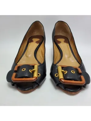 Chloe Leather Buckle Peep Toes Kitten Heels Slip On Pumps Size 37 Black thumbnail 9