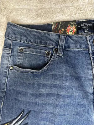 Ed Hardy medium wash embroidered eagle heart tattoo wide leg denim jeans Size 30 thumbnail 4
