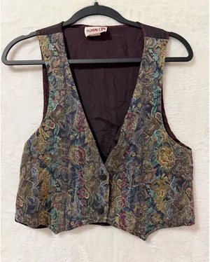 Turn On Vintage Tapestry Vest Womens Large Floral Brocade Metallic Cropped USA thumbnail 1