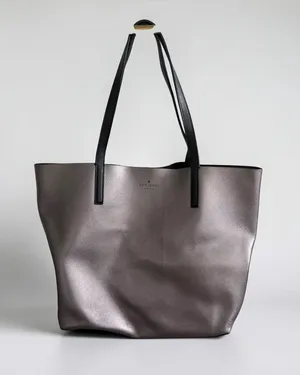 KATE SPADE Pewter Silver Black Reversible Leather Shoulder Tote Bag thumbnail 1