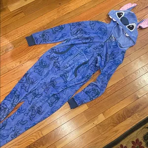 Disney Stitch Blue Hooded Onesie sleepwear size M 8-10 thumbnail 1