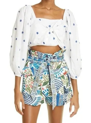 Farm Rio Blue Flowers‎ Crop Top Large White Floral Embroidered Tie Front Beachy thumbnail 1