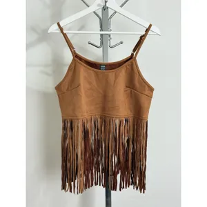 SheIn Suede Fringe Cami Crop Top Western Boho Festival Brown Women Size M NWT thumbnail 2