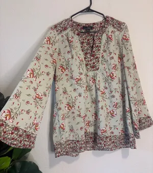 Floral V-Neck bell sleeve Peasant Tunic Top - Sage Green and Rose M thumbnail 1