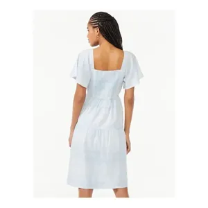 Free Assembly Women’s Tiered Midi dress light blue plaid size M elastic back flu thumbnail 3