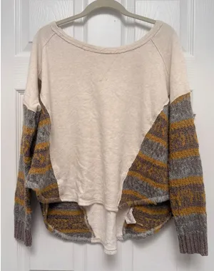 Free People Beautiful Sinner Pullover Sweater Cream Mixed Knit Striped Small thumbnail 1