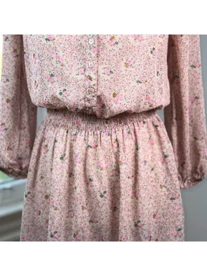 Pink Ditsy Floral Sheer Chiffon Smocked Dress XS Cottagecore Peasant Milkmaid thumbnail 7