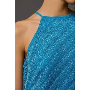 Let Me Be Women Dress XS Blue Beaded Halter Mini Sleeveless Shift Cocktail thumbnail 2