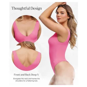 NWT Popilush Deep‎ V Neck Backless Shapewear Bodysuit Pink Medium thumbnail 2