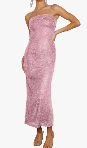 Sequin Strapless Midi Dress Pink Size L thumbnail 1