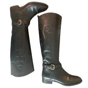Tory Burch Black Leather Riding Boots Embossed Double T Logo Size 8 thumbnail 4