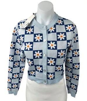 NEW Zara Blue Daisy Floral Checkered Button Knit Crop Cardigan Sweater Top Sz M thumbnail 1