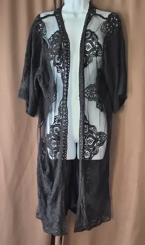 Black Sheer Boho Pullover Lace Kimono Robe Womens Top Flowy Sku 0010 thumbnail 1