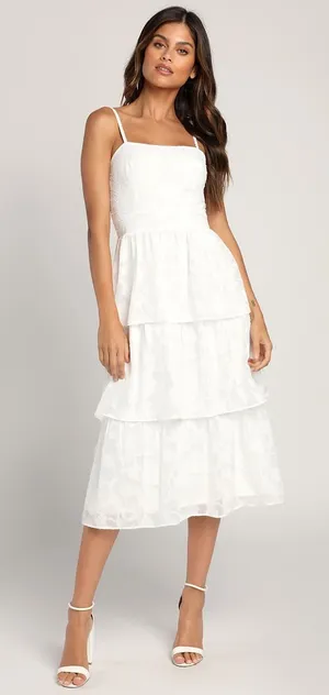 NWT Lulus Grace and Beauty White Burnout Floral Print Tiered Dress Summer Size L thumbnail 1