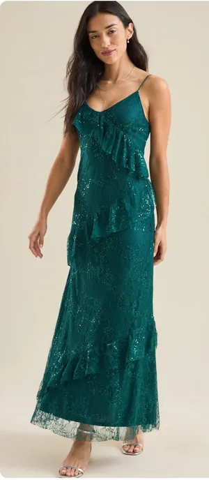 Altar'd State Womens Cambrie Sequin Lace Ruffle Romantic Glam Maxi Dress Size M‎ thumbnail 1