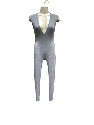 SheIn Gray Ribbed Knit Plunge Sleeveless Jumpsuit S Stretchy Bodycon Catsuit thumbnail 4