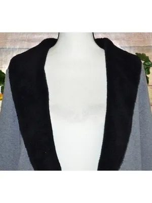 LL Bean Cardigan Jacket Womens M Gray Black Fleece Shawl Collar Open Front thumbnail 3