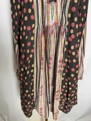 Free People Black Floral & Stripe Lace-Up Long Sleeve Mini Dress thumbnail 4