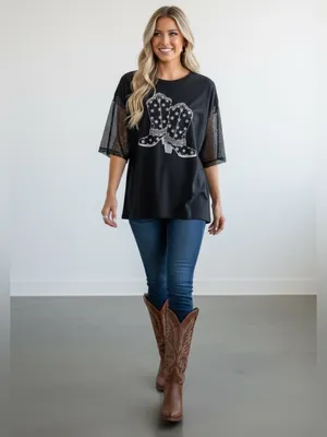 Black Western Rhinestone Graphic Top Metal Mesh Sleeves Country Medium thumbnail 2