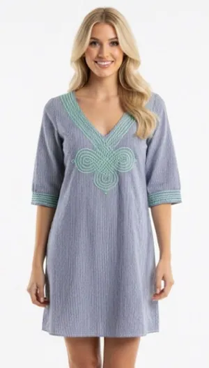 Judith March Blue and White Pinstriped Dress Mint Green Embroidery Size Small thumbnail 1