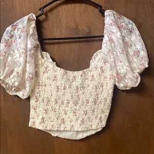 Altar'd State Cream and Pink Floral Puff Sleeve Blouse thumbnail 3