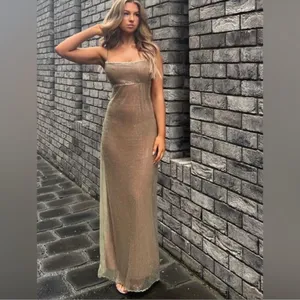NWOT House of CB 'Alondra' Cafe Au Lait Beaded Maxi Dress sz L thumbnail 4