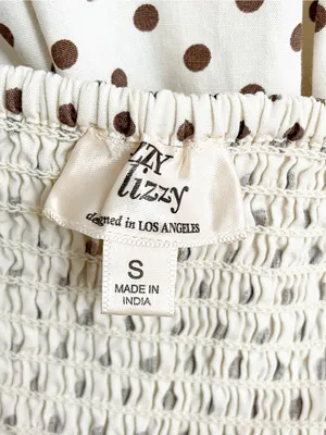 Dizzy Lizzy Polka Dot Smocked Midi Dress Small Cream Brown Cotton Cottagecore thumbnail 7