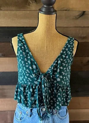 PacSun LA Hearts Green & White Floral Cropped Tank Top thumbnail 1