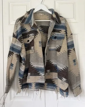 La Miel Aztec Tapestry Fringe Coat Southwest Size Large thumbnail 1