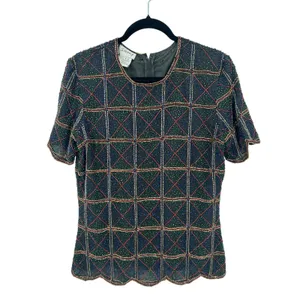 VTG Stenay Silk‎ Holiday Beaded Blouse Short Sleeve Embellished Women's Top L thumbnail 2