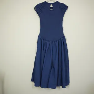 Free People XS Midi Dress Navy Blue Pleated Cap Sleeve Drop Waist Casual Daytime thumbnail 8