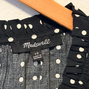 Madewell Dress Sz 10 Black White Polka Dot Smocked Ruffle Mini Sundress Retro thumbnail 4