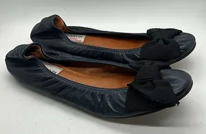 Lanvin Paris Navy Blue Leather Black Bow Ballet Flats Shoes **Size 37.5/US 5.5** thumbnail 1