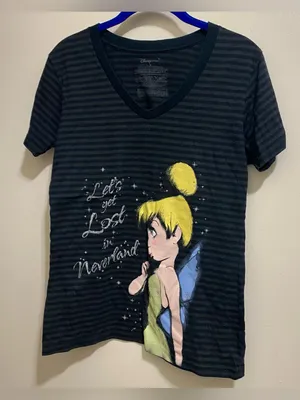 Disney Womens M Tinkerbell Tee T Shirt Let’s Get Lost In Neverland Black Stripes thumbnail 1