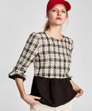 Zara Tweed Houndstooth Peplum Top Fringe Trim Contrast Blouse XS EUC thumbnail 1