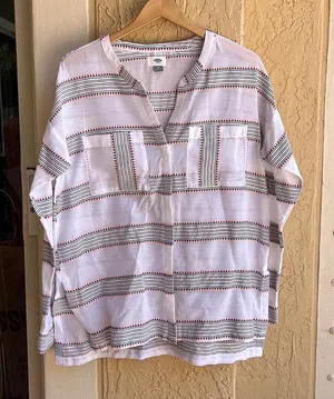 Old Navy Button Through Long Sleeve Tunic in White/Black/Pink Stripe Size Medium thumbnail 1