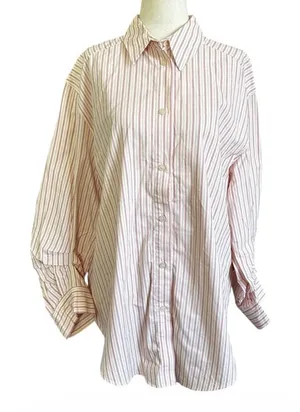 Zara Oversized Striped Button Down Shirt Pink Burgundy Cotton Medium | 0216 thumbnail 1