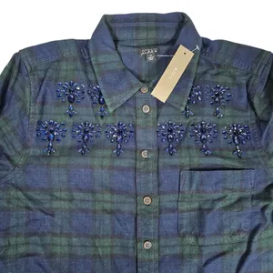 J Crew‎ Womens Plaid Flannel Shirt Blue Green Beaded Embellished Button Down 10 thumbnail 4