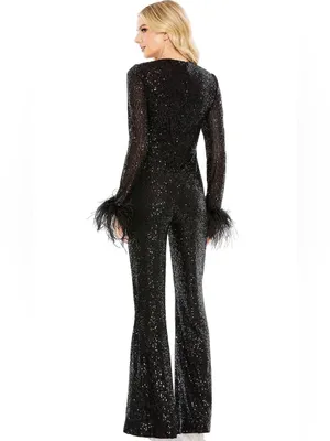 Mac Duggal Black XS Sequin Feather Trim Flare Leg V Neck Pants Jumpsuit thumbnail 3