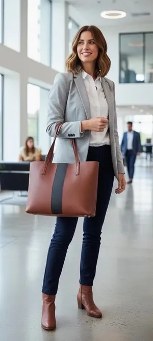 Vince Camuto Brown Faux Leather Tote Bag With Black Stripe Accent Work Travel‎ thumbnail 1