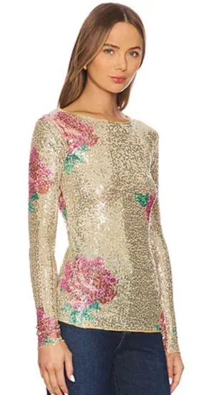Free‎ People XL Floral Gold Sequin Long Sleeved Top NWOT thumbnail 1