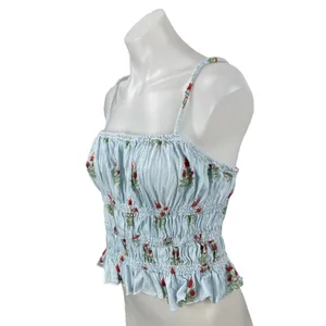 Free People We The Free Dolce Vita Blue Floral Ruffle Ruched Cami Tank Top Sz L thumbnail 3