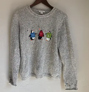 Christopher & Banks Vintage Grey Embroidered Penguin Snowflake Sweater Large thumbnail 1