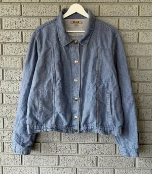Flax Chambray Denim Jacket Blue Linen Cotton Blend Size Large thumbnail 1