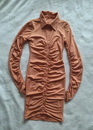 Oh Polly Caramel Ruched Long Sleeve Shirt Mini Dress US 4 thumbnail 1