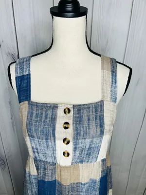 Easel Los Angeles Patchwork Midi Dress Womens Sz L Blue Tan Boho Textured NWT thumbnail 3
