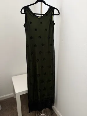 Sleeveless Olive Green Maxi Dress with Black Embroidered Overlay thumbnail 2